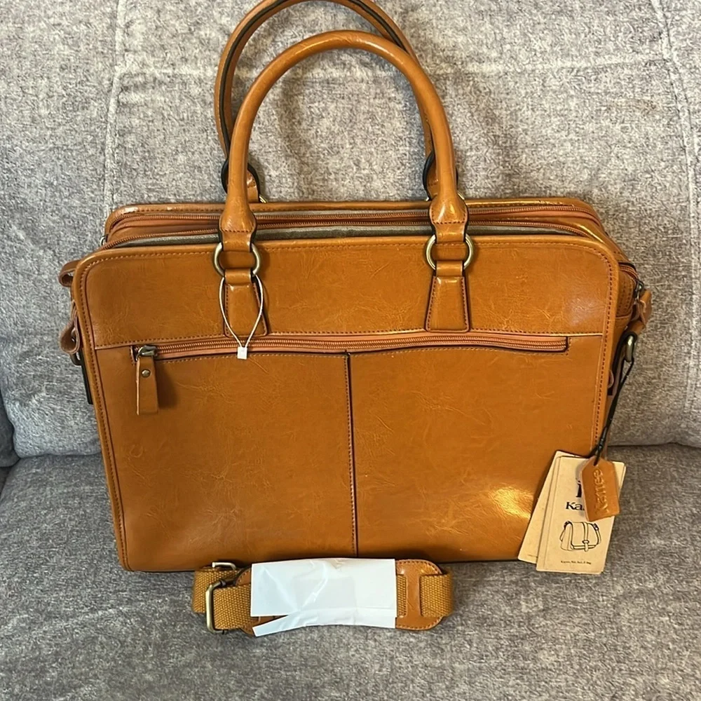 All leather laptop briefcase large shoulder strap and pockets new